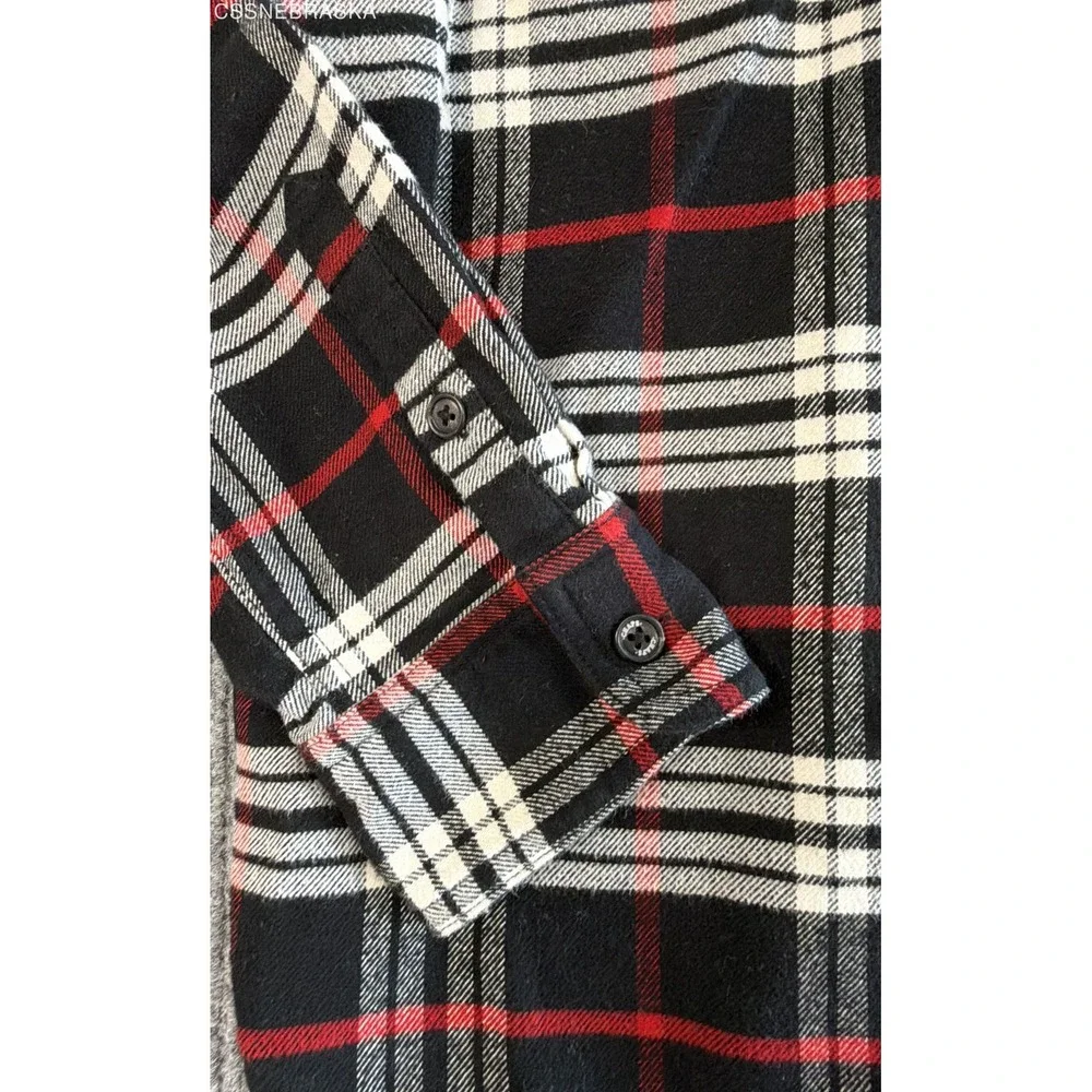CHAPS Red Black White Womens Full Zip Flannel Shirt Jacket Plaid Long Sleeve - L